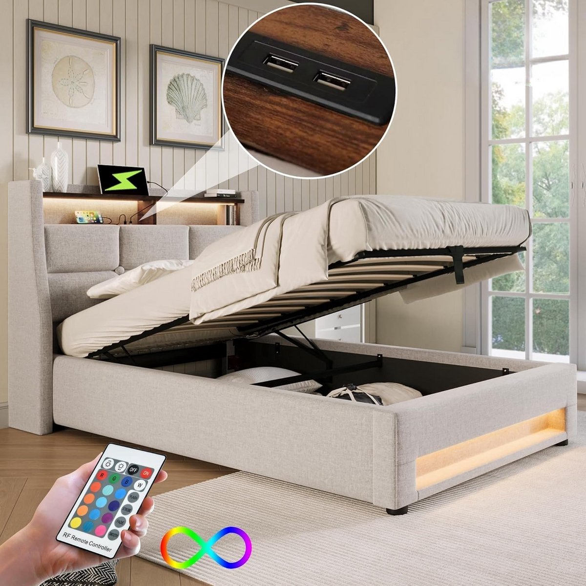 Eenpersoonsbed 90x200cm Gestoffeerd met Lattenbodem, LED Verlichting en USB-C Oplaadpunt