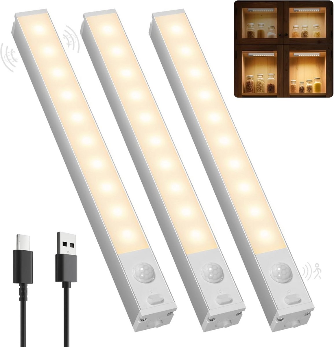 Draadloze LED Kastverlichting Oplaadbaar met Bewegingssensor, 3 Stuks