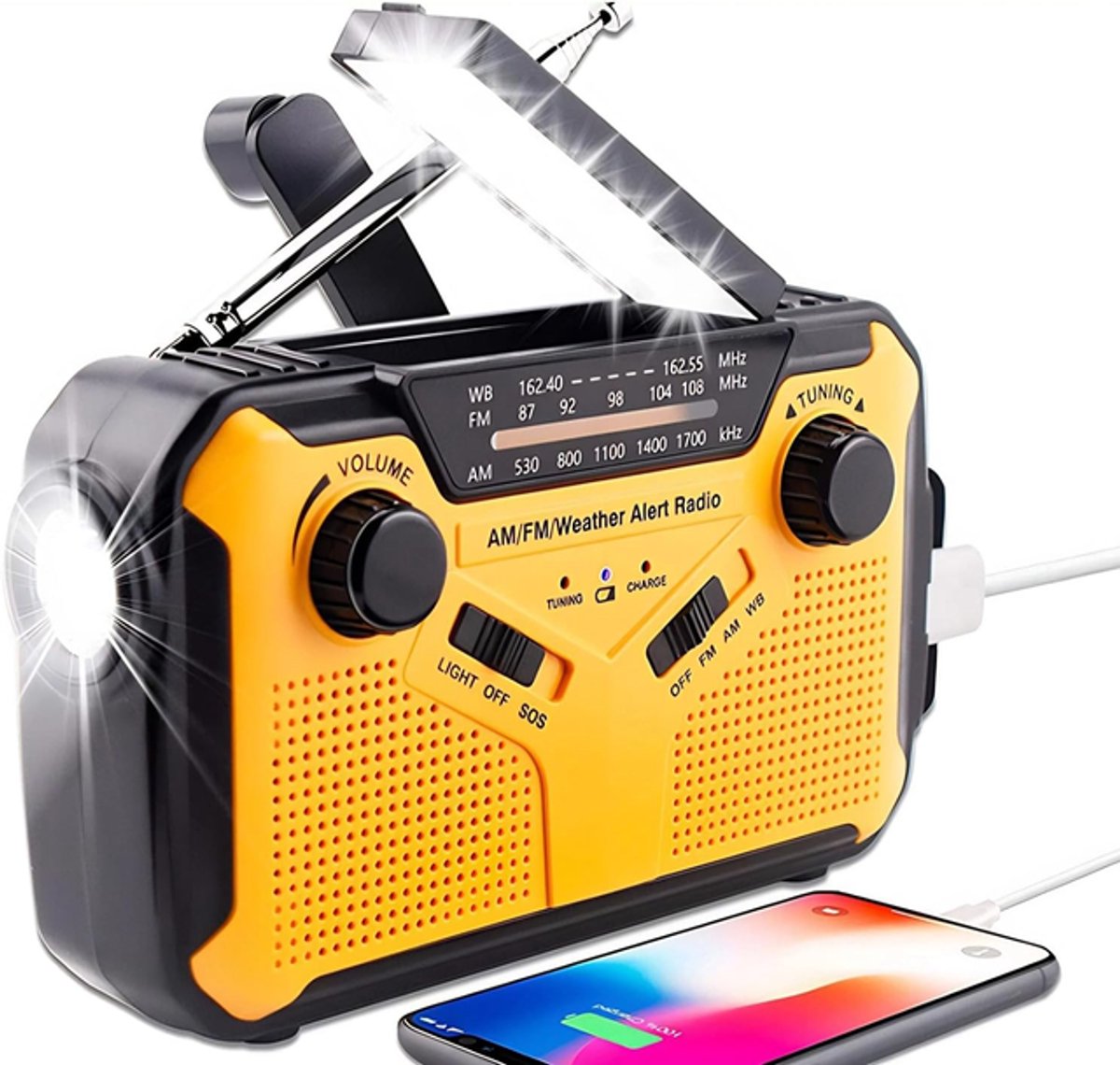 Noodradio - noodradio solar opwindbaar - Radio- draagbare radio - noodradio op batterijen - Oplaadbare radio - 2500mAh - Geel