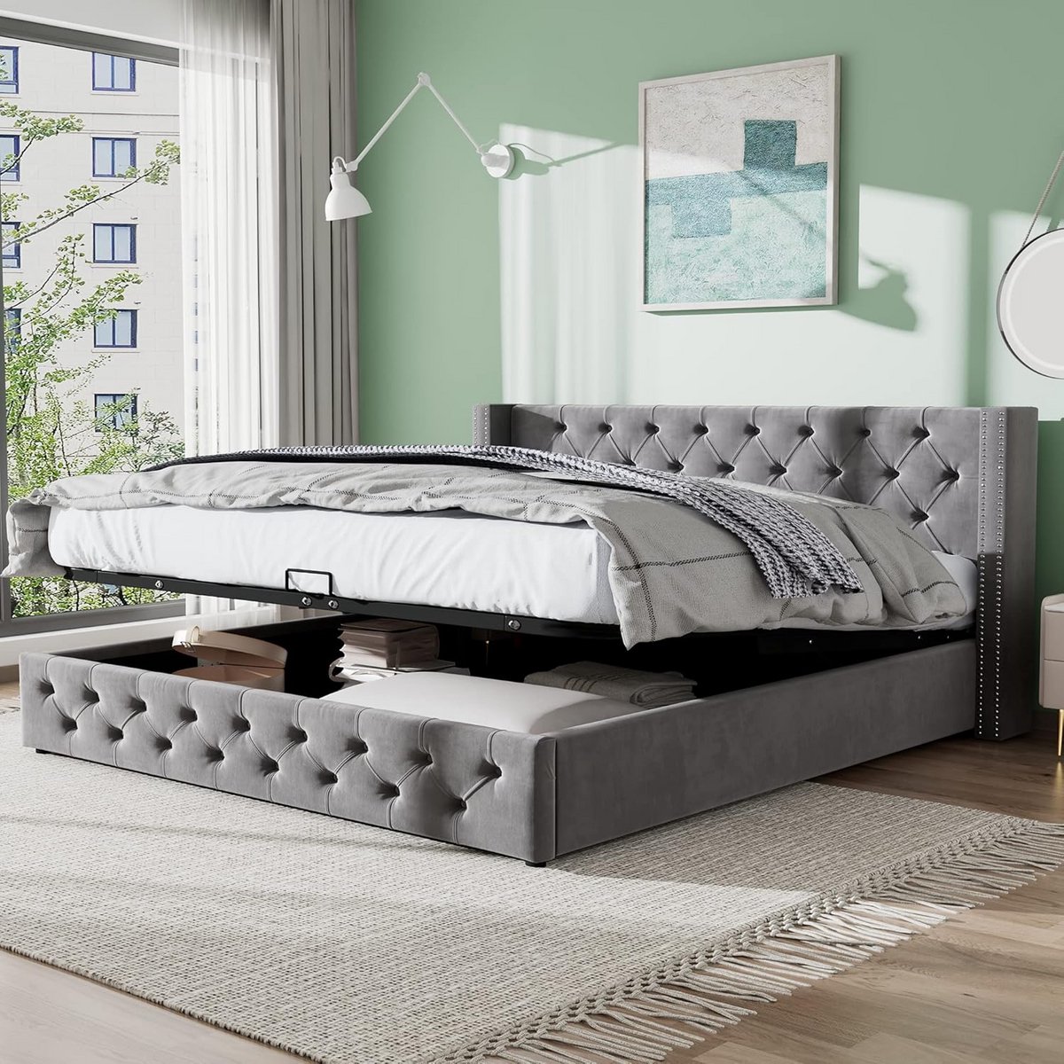 Gestoffeerd Bed met Opbergruimte en Lattenbodem, 140x200 cm, Grijs