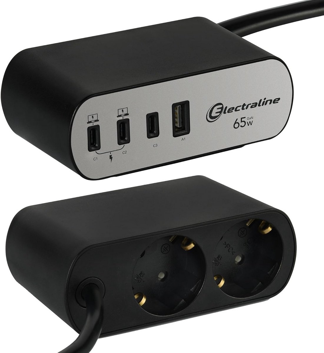 Bureaustekkerdoos met 2 Stopcontacten en 65W USB Power Delivery (3x USB-C + 1x USB-A)