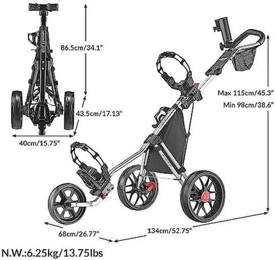 Lichtgewicht Golf Push Cart met 3 Wielen - Eenvoudig Op te Vouwen en Compact van Merkloos — afbeelding 5