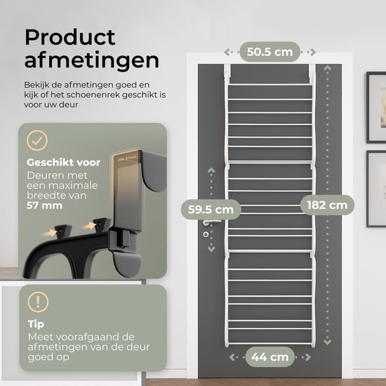 O'DADDY® Schoenenrek - Schoenenkast - Schoenenrek wit - Schoenenrek deur - Schoenenrek hangend - Hangend schoenenrek - Deur schoenenrek - Hangend schoenenrek deur - Geschikt voor elke deur - 20 x 51 x 182 cm
