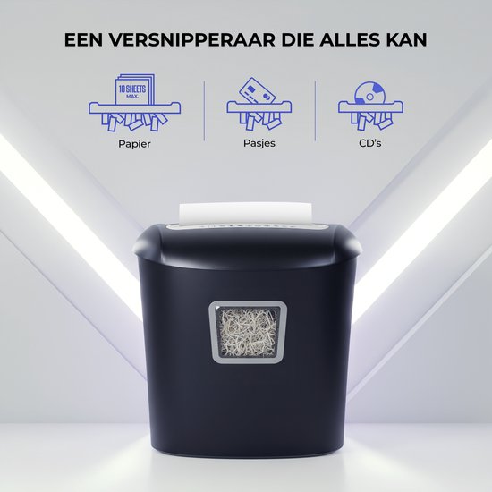 Zwarte papierversnipperaar, geschikt voor papier (max. 10 vellen), pasjes en cd's.