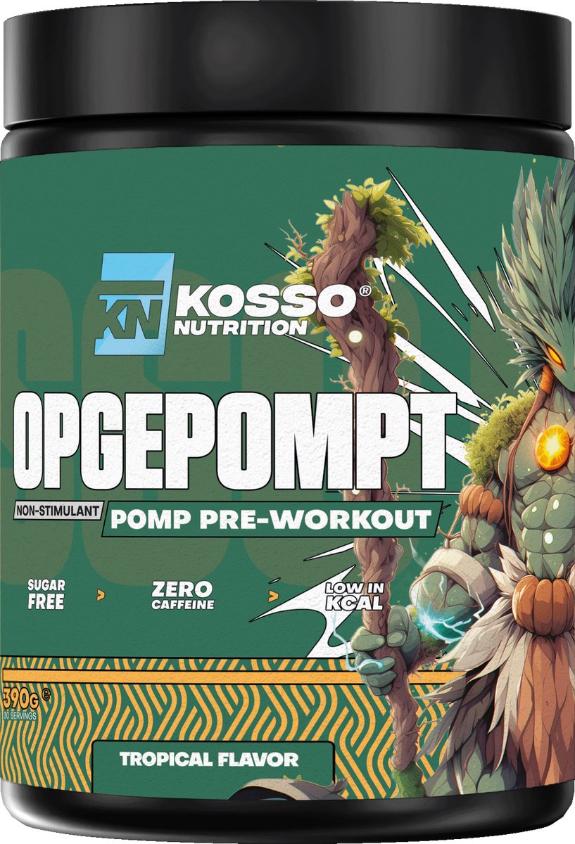 Kosso Nutrition – Opgepompt – Tropical – Cafeïnevrije Pre-Workout – Pomp & Focus – 390g