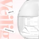 Witte Evite draadloze borstkolf met BPA-vrije markering en CE-markering. Bekijk de maataanduidingen 30ml tot 150ml.