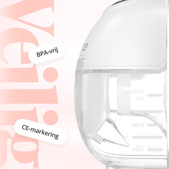 Witte Evite draadloze borstkolf met BPA-vrije markering en CE-markering. Bekijk de maataanduidingen 30ml tot 150ml.