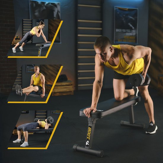 Collage met een man die een dumbbell row doet, een vrouw die push-ups doet, een man die sit-ups doet en een vrouw die glute bridges doet op een zwarte trainingsbank.