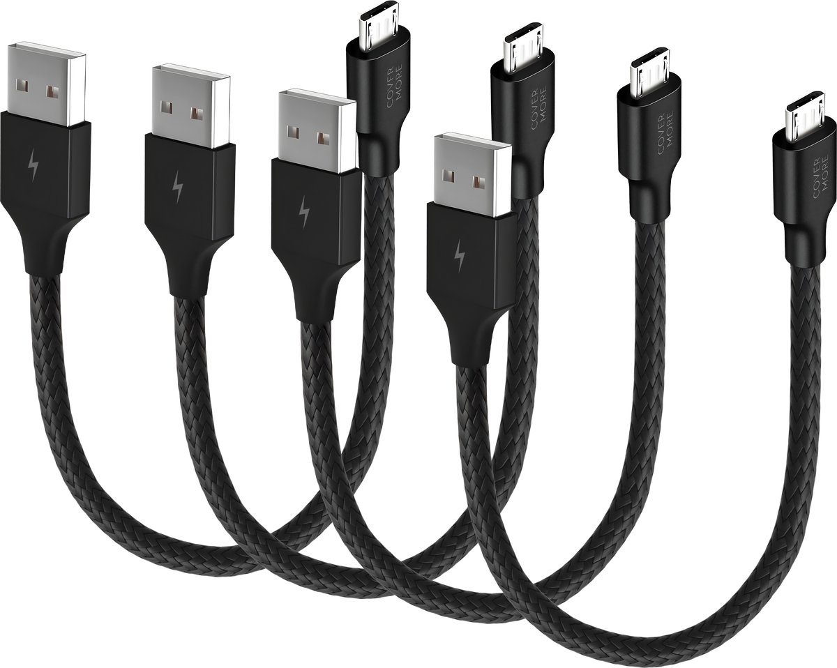 Voordeelbundel Micro usb kabels kort - 30cm - 4 stuks - 5v 2.4a - Oplaadkabel - Stevig - Zwart
