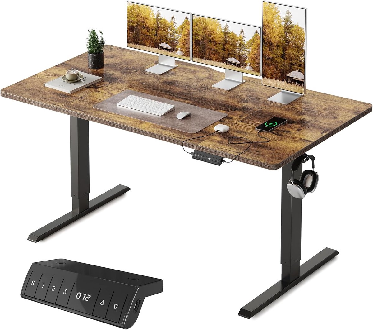 Electric Desk ErgoMaster Pro – Elektrisch In Hoogte Verstelbaar Bureau 160x80 cm met USB-A & USB-C Oplaadpoorten – Ergonomisch Sta-Zittafel voor Thuiskantoor, Home Office & Gaming – Bruin Houten Bovenblad