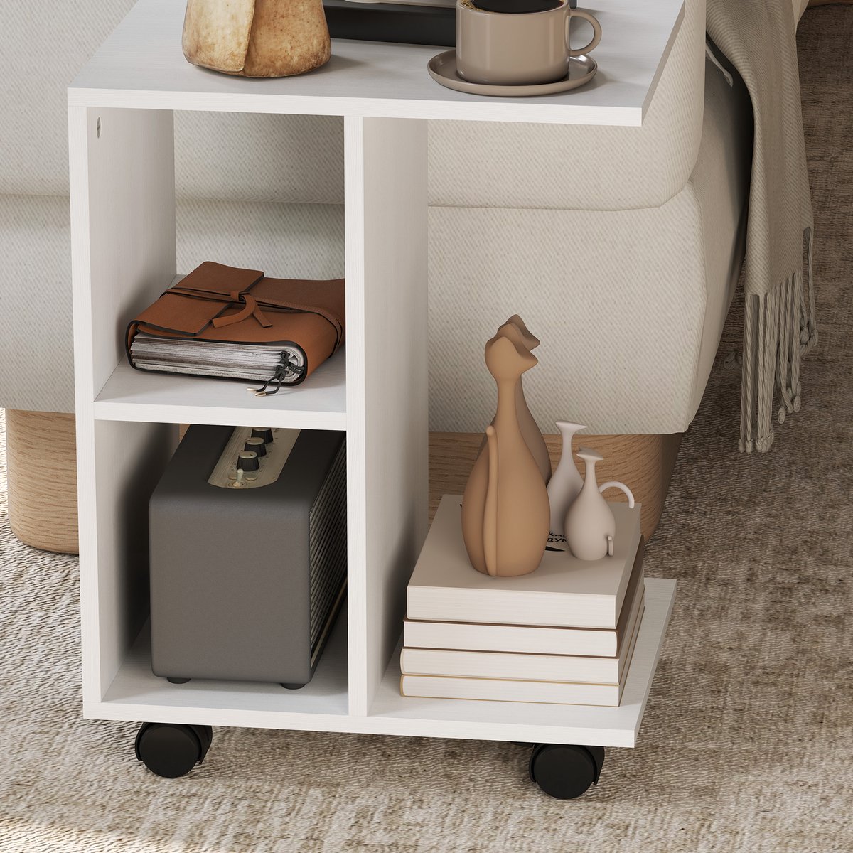 MODFU Witte C-vormige Salontafel met Wielen - Verplaatsbare Koffietafel voor Kleine Ruimtes, 45 x 35 x 58 cm