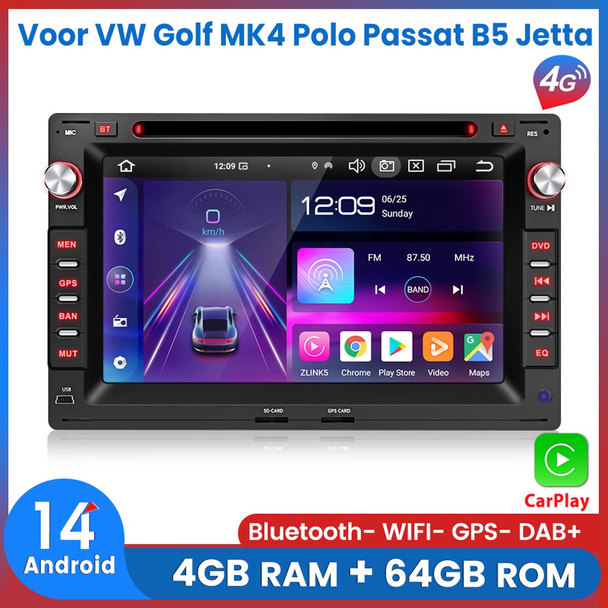 Awesafe Autoradio - Carplay Geschikt Voor VW Golf MK4 Polo Passat B5 Jetta Bora Sharan Seat Alhambra - 7 INCH IPS Scherm - Draadloos Apple Carplay en Android Auto - 4GB + 64GB - CD DVD Player - 8-Core V1PRO - GPS Navigatie 4G WiFi - Bluetooth & Wifi