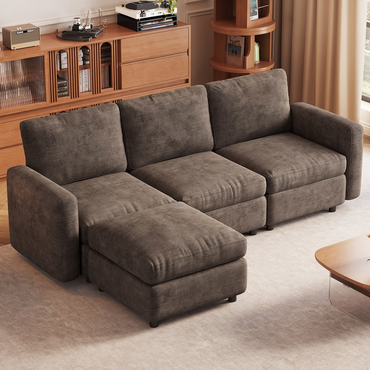 Guyii bank – Modulaire Hoekbank met Opbergruimte – Koffiekleurig Fluweel – Comfortabele 4-