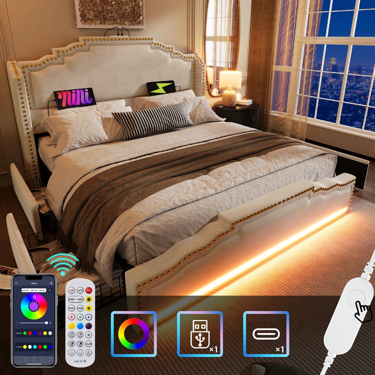 VVBV Bed Volwassene 140x200 cm met 4 lades en ledverlichting - Gestoffeerd bed met opbergruimte en USB-C-aansluiting - Fluweel - Beige