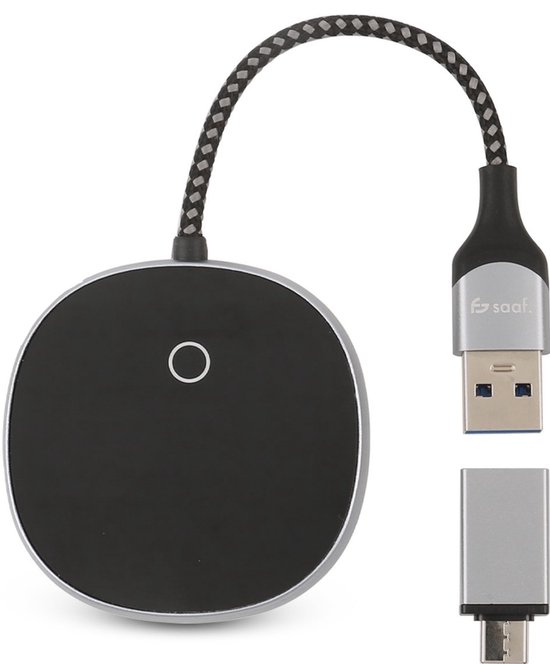 Draadloze CarPlay Dongle Saaf DS100, Automatisch Verbinden, 5 Telefoons, 5GHz WiFi, USB-C/A, Compact