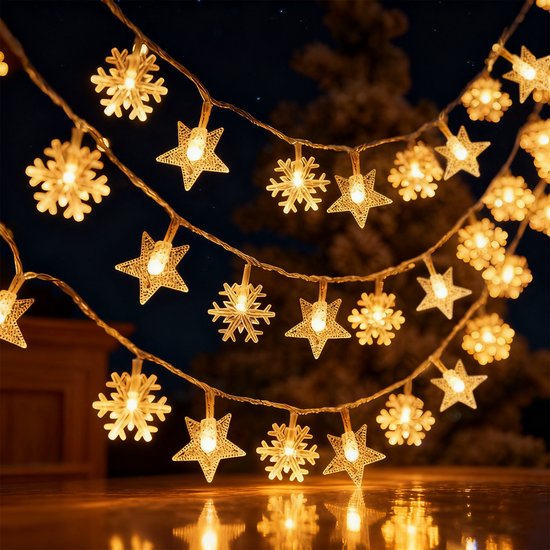 Aigostar LED Lichtgordijn Sneeuwvlokken - 2.5m - 25 LED's - Kerstlampjes Op Batterij - Warm wit - Kerstverlichting Voor binnen & buiten