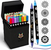 NAPI 48 Acrylstiften Dual Tip - Twinmarkers - Verfstiften Happy Stones - Stenen Schilderen met Acryl Verf Marker Stiften - Volwassenen en Kinderen - Incl. 5 Mandala Sjablonen