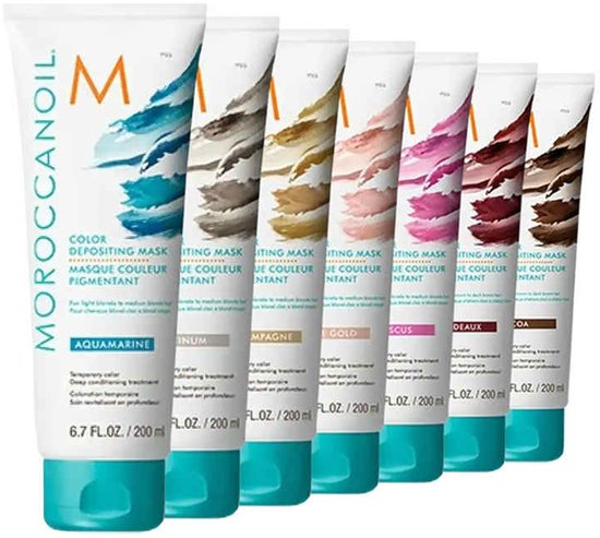Moroccanoil Color Depositing Masks: aquamarine, platinum, champagne, gold, hibiscus, drakensbloed, koraal.