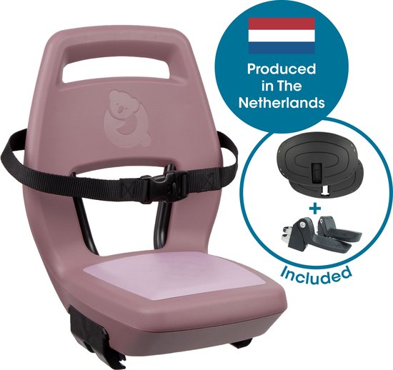 Siège de vélo rose avec sangle et logo, avec repose-pieds et support.