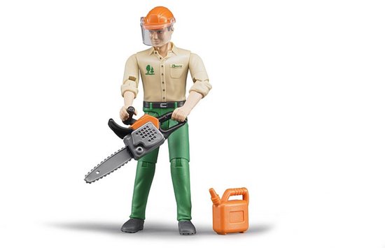 Speelfiguur boswachter met oranje helm, vizier, beige shirt, groene broek, kettingzaag en jerrycan.