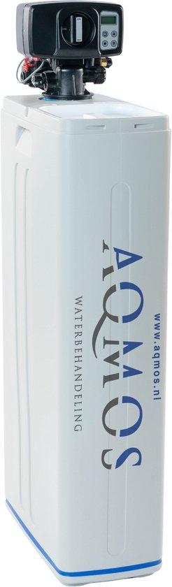 Witte waterontharder met zwart bedieningspaneel en logo's 'AQMOS WATERHANDELING' en 'www.aqmos.nl'.