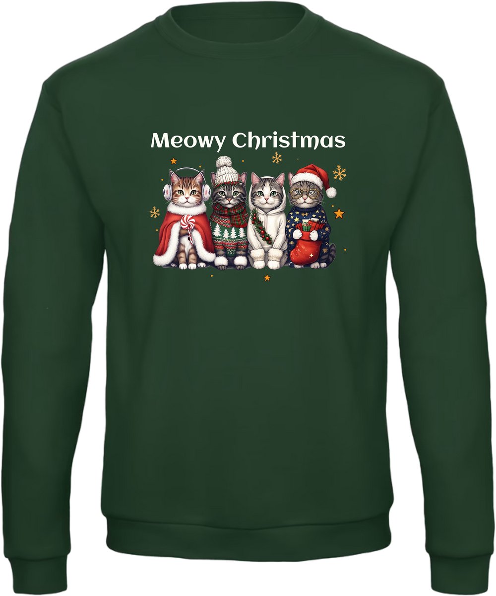 Meowy Christmas Kersttrui - Foute Kersttrui Dames Heren - Kat - Unisex - Kerst Cadeau - Grappig - Zwart - Donkergroen - Maat XL