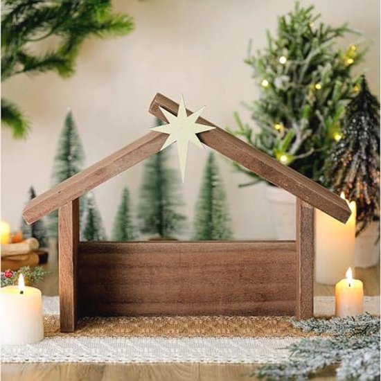 Houten kerststal met dakster 35 x 25 cm voor binnen kerstdecoratie