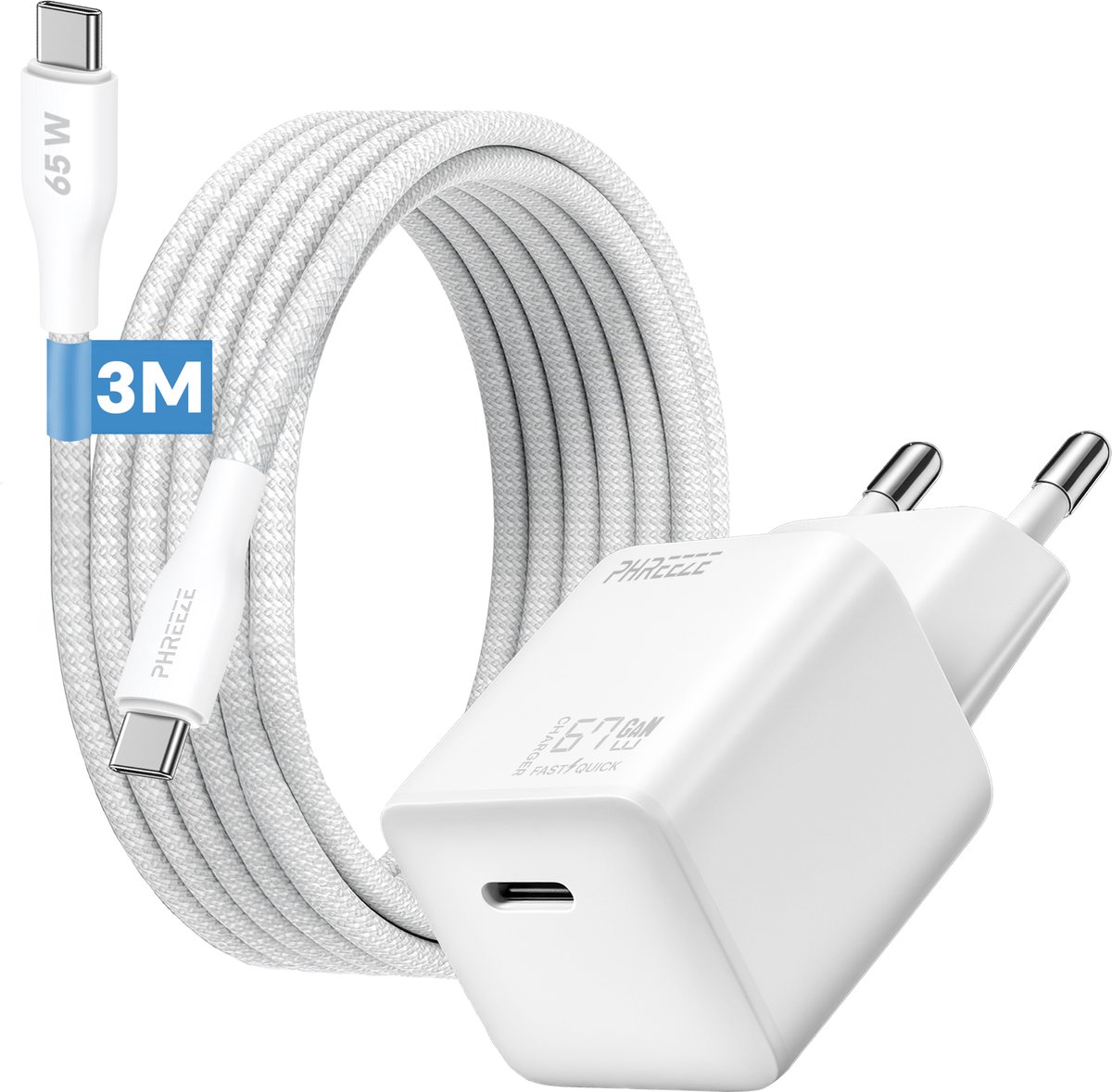 65w usb C Oplader - laptop oplader - met extra lange usb C kabel - 3 meter - usb C naar usb C - GaN adapter - snellader - oplaadstekker - lader - blokje