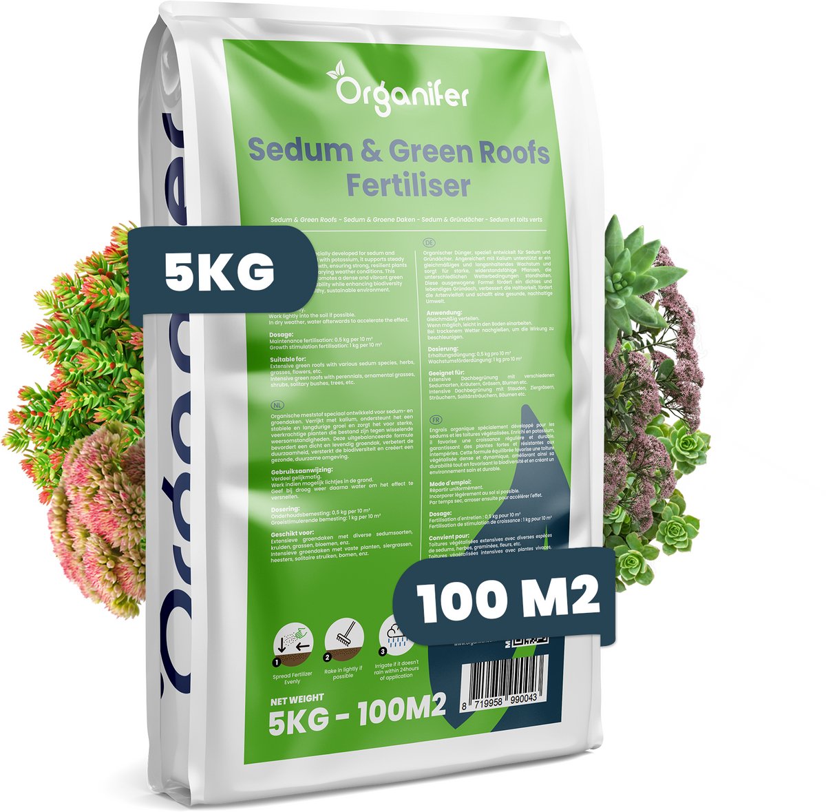 Sedum & Groendak Meststof – 5 kg voor 100 m2 - Sedumdak Voeding met Langdurige Afgifte voor Sterke Groei en Voorkoming van Kale Plekken – Voor Extensieve & Intensieve Daken – NPK 9-2-7 – Organifer