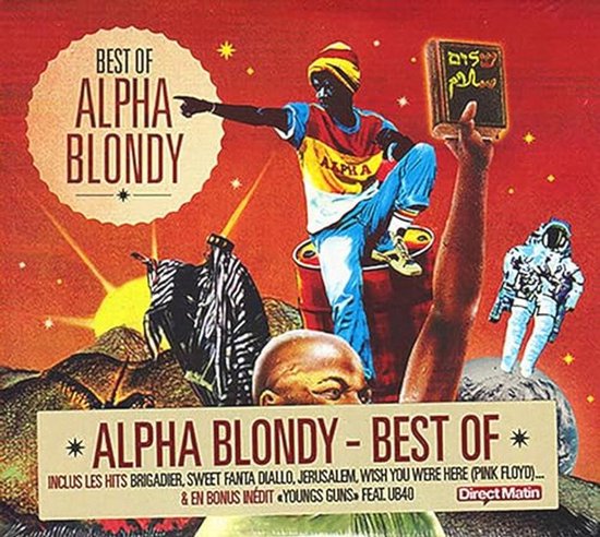 Best of Alpha Blondy albumcover met een reggae artiest in een geel met rood gestreepte muts en kleding, zittend op een vat met een boek in de hand.