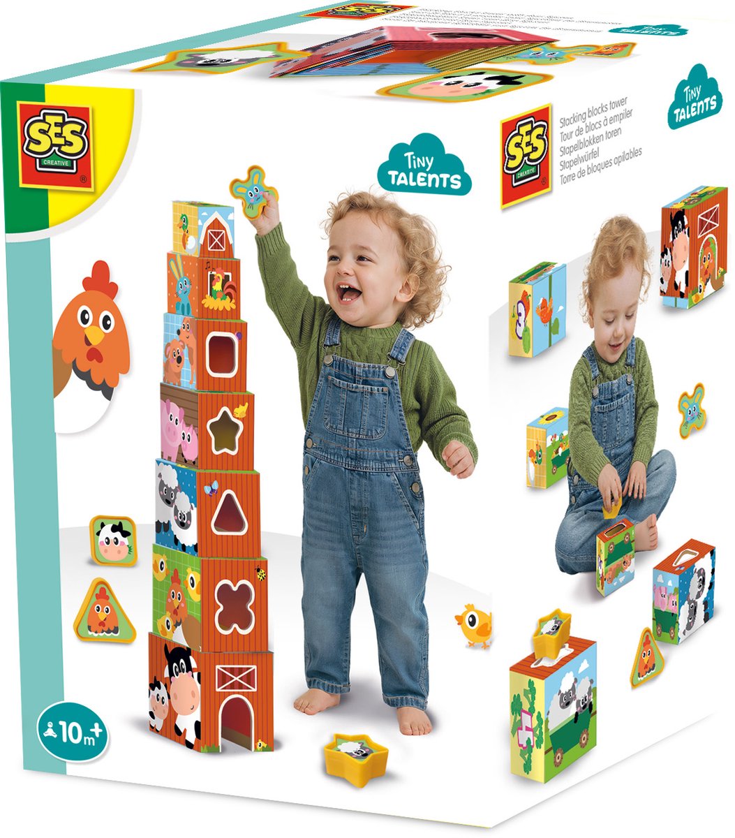SES Creative - Tiny Talents - Stapelblokken Toren Boerderijdieren Figuren - Speelgoed - Montessori Blokken - Moderne, Gekleurde Illustraties - Ontdek Vormen - Leer Stapelen - Baby Speelgoed - Made in Holland - Vanaf 10 maanden