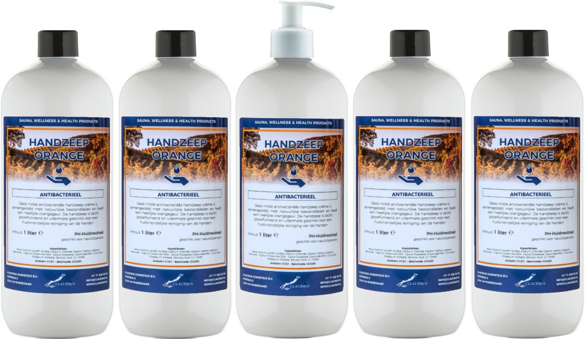 Handzeep Orange 1 liter - set van 5 stuks - met gratis pomp - Voordeelverpakking
