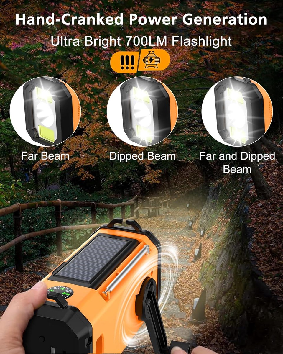 Noodradio op Zonne-energie met 48.100 mWh Powerbank – Hand Crank AM/FM Radio, Zaklamp & Leeslamp, USB-Oplader, SOS-Alarm en Kompas – Draagbaar voor Camping & Noodsituaties – foto 3