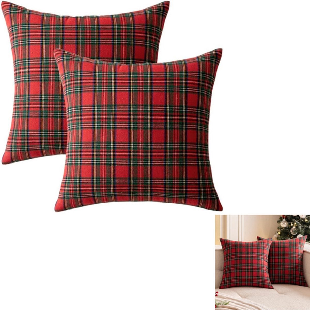 2 stuks - Kussensloop - Klassieke kerst geruite kussensloop - Boerderij klassiek geruit decoratief bankkussen - Kerstdecoratie - Rood - 45 x 45 cm - Geschikt voor banken, woonkamers, bedden, auto's - Kusseninleg niet inbegrepen