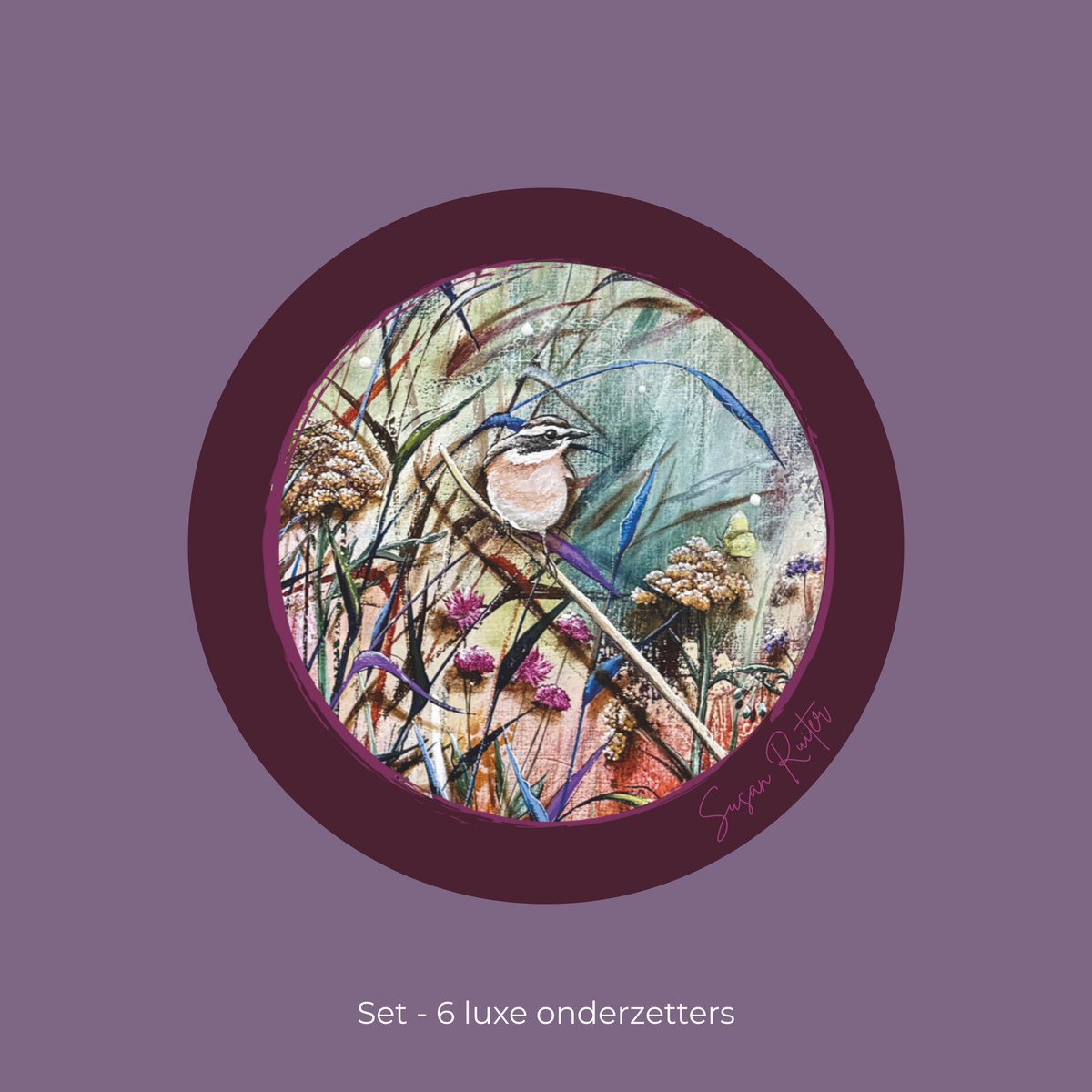 Onderzetters - set 6 - vogels - natuur - kunstenaar Susan Ruiter - rond