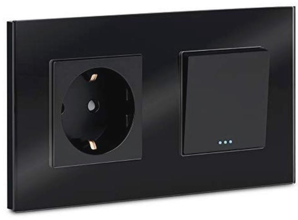 Glazen Lichtschakelaar met Stopcontact - Design Wandlamp - Inbouw Verlichting - Zwart