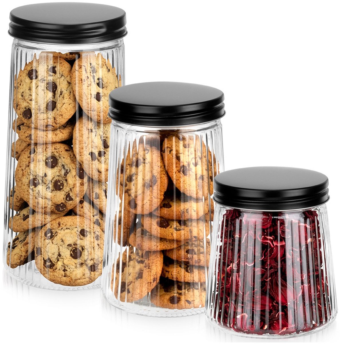Voorraadpotten Glas met Deksel 1,6 l / 1,1 l / 700 ml 3 stuks - Container voor Losse Producten - Keuken - Voedsel - Doos