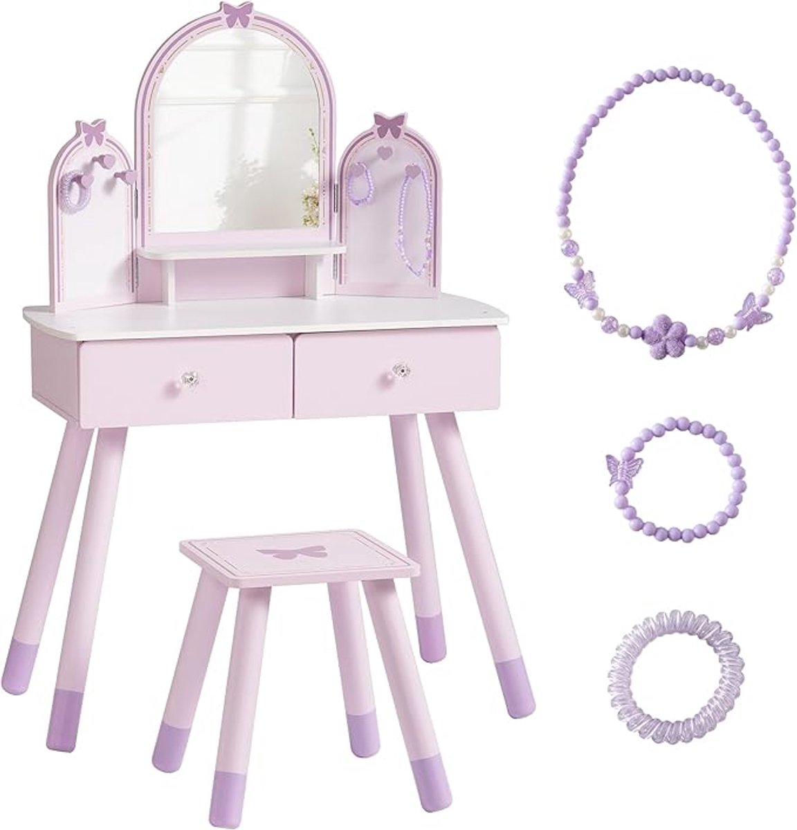 Kinder Kaptafel met Kruk – Houten Speelset met Spiegel, Sieradenhaken & 2 Laden – Inclusief Ketting, Armband & Haarelastiek – Vlindermotief – 65,5×29,5×67 cm
