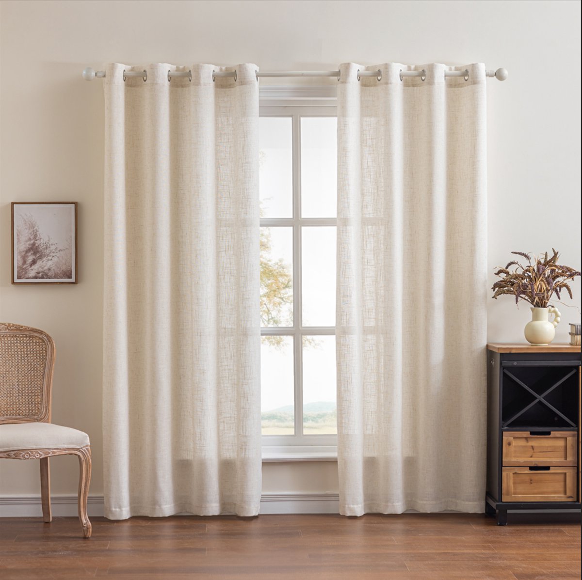 Floraweg Semi-transparante gordijnen van poly-linnen met textuur en kruisslobs, effen gordijnen met zeilringen voor openslaande deuren, beige,roedezakken,132x270cm