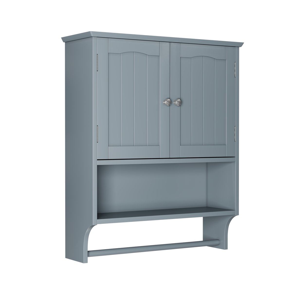 Merax Badkamer Wandkast met Handdoekhouder – Hangende Badkamerkast met 2 Deuren - Open Vakken en Verstelbare Planken – Lichtgrijs – 56,8×19×70 cm