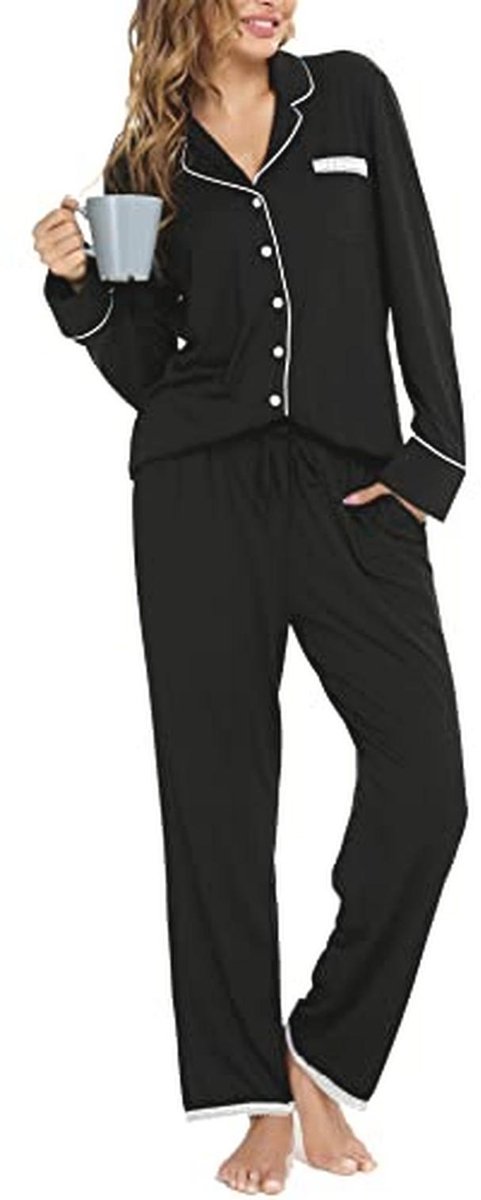 Vrouwelijke Pyjama Set met V-Hals en Lange Mouwen - Comfortabele Twee-Piece Slapenset