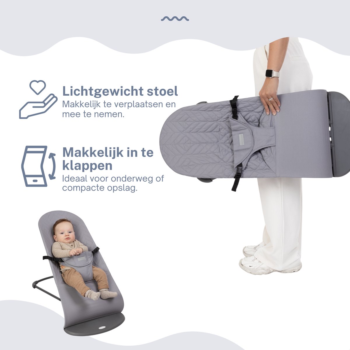 A Tiny Lovely Planet - Wipstoel - Babyschommelstoel - Baby Swing - Wipstoeltjes - 3 Verstelbare Hoeken - Donkerblauw - Lichtgrijs – foto 5