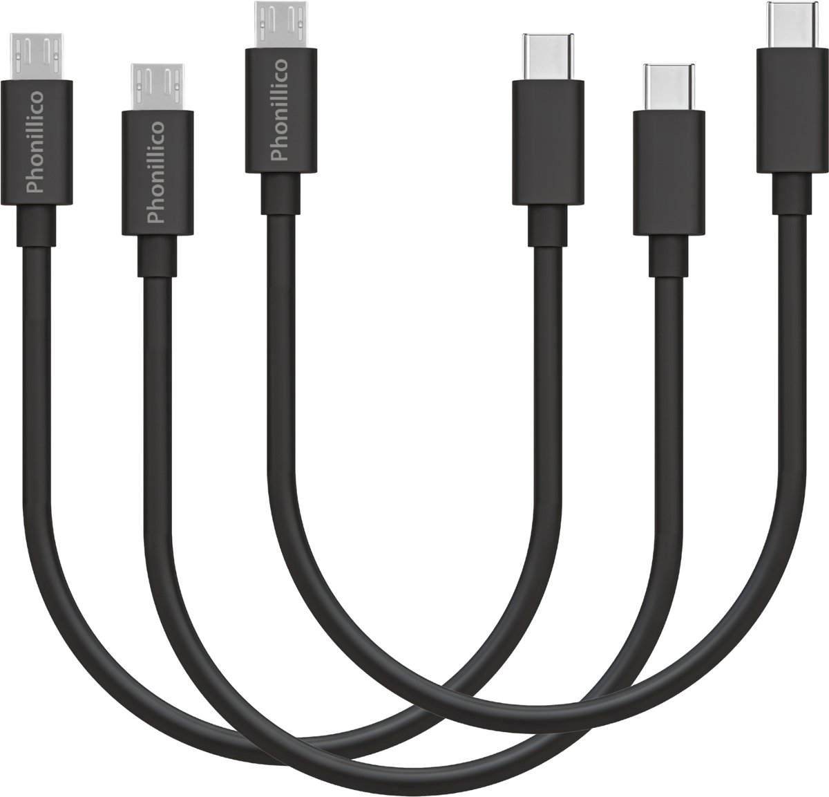 3x Micro USB naar USB C Kabel Zwart - 0,2 meter - Oplaadkabel voor Samsung Galaxy Ace / Ace 2 / Ace 3 / Ace 4 / Ace Duos / Ace Plus / Ace Style / Alpha / A10 / A20 / A20e / A3 2016 / A5 2016 / A6 / A6 Plus / A7 2016 / A8 / A9
