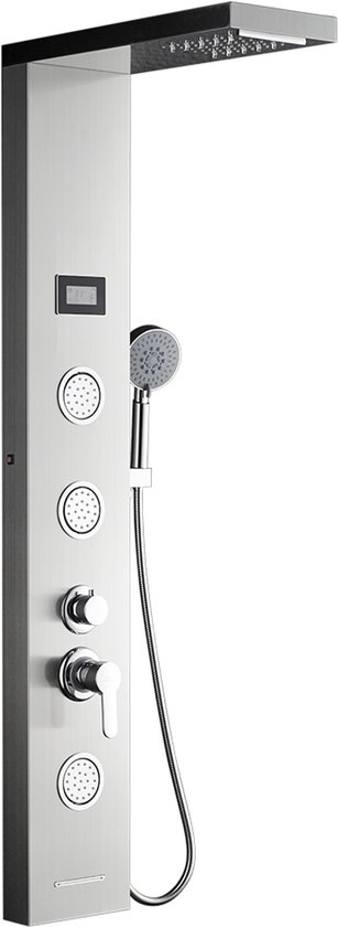 Een RVS douchepaneel met regendouche, handdouche, 4 massagestralen en een display.