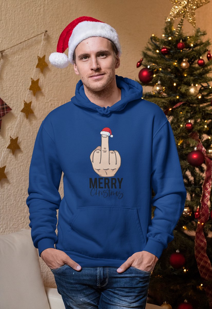 Middle Finger - Kerst Hoodie - Kerst Trui Navy - Grappig Hoodie - Maat M - Limited Edition