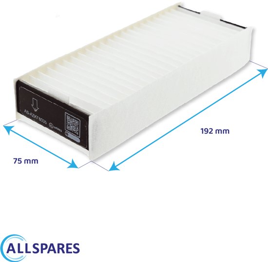 Wit filter met afmetingen 192x75mm, met 'AS-AZKF8035' en Allspares logo.