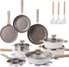 Complete ISENVI pannenset met diverse pannen, kookpotten, stoompan, eierpan en keukengerei.