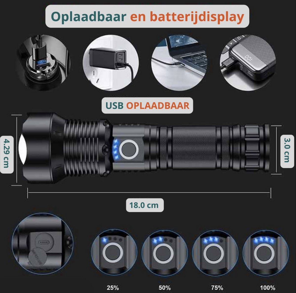 Waterdichte Krachtige LED Zaklamp - Hoge Lumen 10.000 - 5 Modi - Oplaadbaar & Zoombaar - Lange Afstand - Survival & Outdoor - Inclusief batterijen - USB-c oplaadbaar - Noodpakket - Kamperen — cadeau in Sport & Outdoor - foto 5