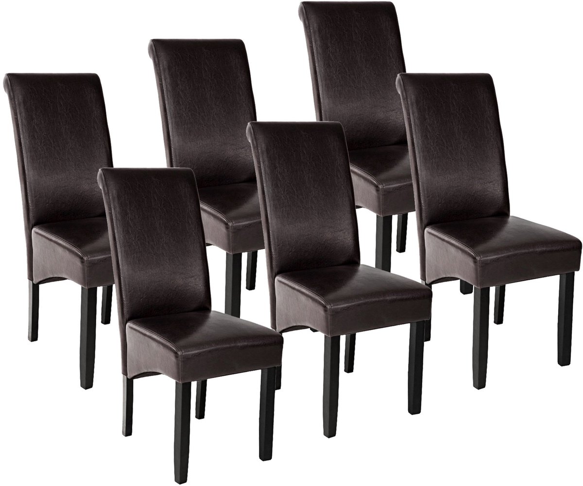 tectake® Eetkamerstoel - Comfortabele kunstleren stoel met hoge rugleuning - Keukenstoel voor keukentafel - Gestoffeerde keukenstoel - Diverse kleuren en sets - Maximale belasting 120 kg - Afmeting (LxBxH) 44 x 63 x 106 cm - Set van 6 - Bruin