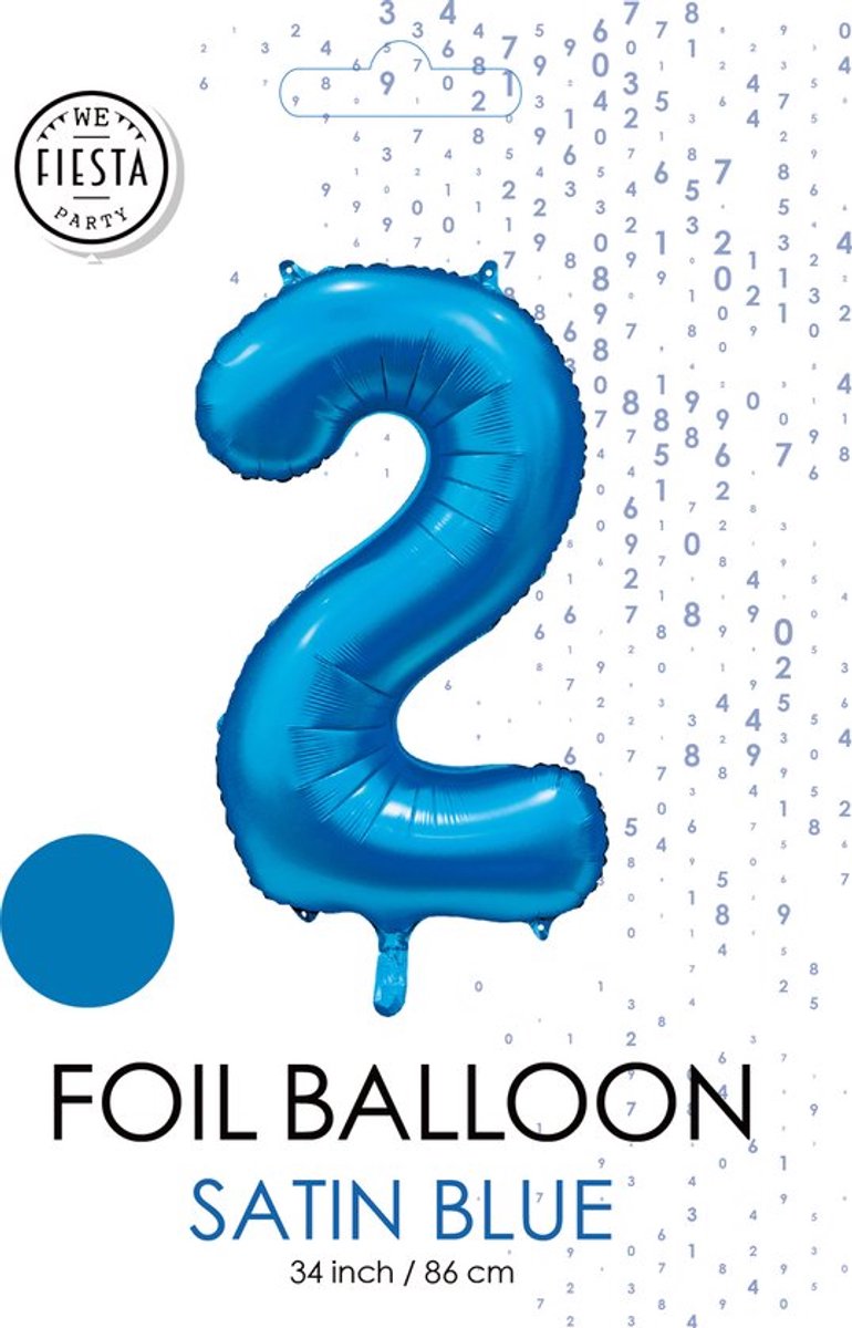 Folieballon cijfer 2 blauw, 86cm